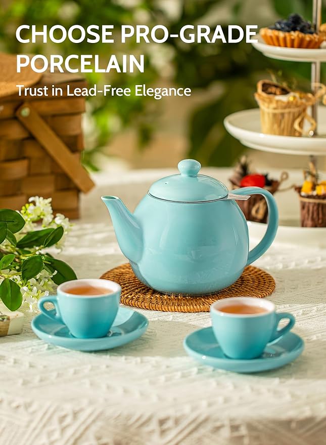 Sweese Teapot, Porcelain Tea Pot with Stainless Steel Infuser, Blooming & Loose Leaf Teapot - 27ounce, Turquoise - Bloomnest