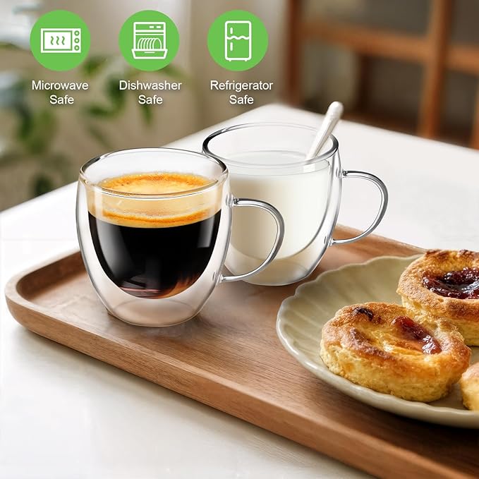 Glass Coffee Cups Set of 4, 8.5oz Double Walled Glass Mugs with Handles, Clear Insulated Coffee Mug Espresso Cups, Cappuccino Latte Tea Cups Set, Heat Resistant Borosilicate Clear Glasses - Bloomnest