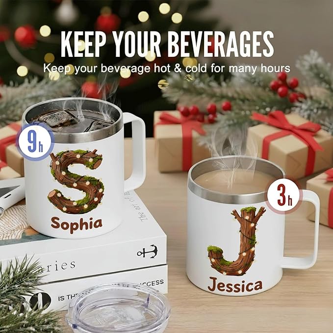 Personalized Christmas Mug with Name, 12oz Insulated Coffee Travel Mug with Handle & Lid, Rustic Custom Monogram Tumbler, Xmas Holiday Gift for Women, Her, Mom (B02) - Bloomnest