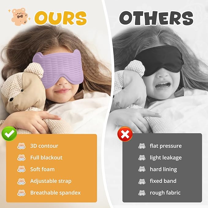 3D Kids Sleep Mask – Cute Bear Eye Mask for Sleeping, Comfortable Memory Foam Sleep Mask for Kids, Adjustable Strap and Lightweight Sleeping Mask for Boys Girls Teens Ages 5-15 (Purple) - Bloomnest