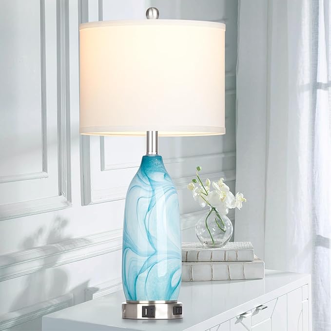 26" Coastal Table Lamps Set of 2, Modern Table Lamps with USB A+C Ports & AC Outlet, Touch Control Glass Bedside Nightstand Lamp with Night Light for Living Room Bedroom End Table Blue(Bulbs Included) - Bloomnest