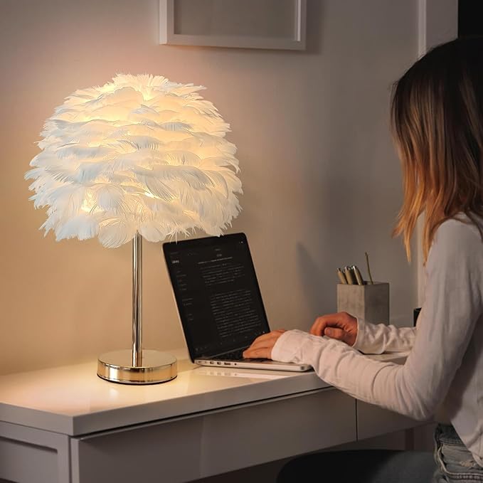 ZYLEIESENBAO Chic White Feather Lamp Creative Feather Bedside Lamp Cute Furry Nightstand Light Gold Stand Fluffy Table Lamp Atmosphere for Girl Bedroom Living Room Entry Hotel Wedding Gift - Bloomnest