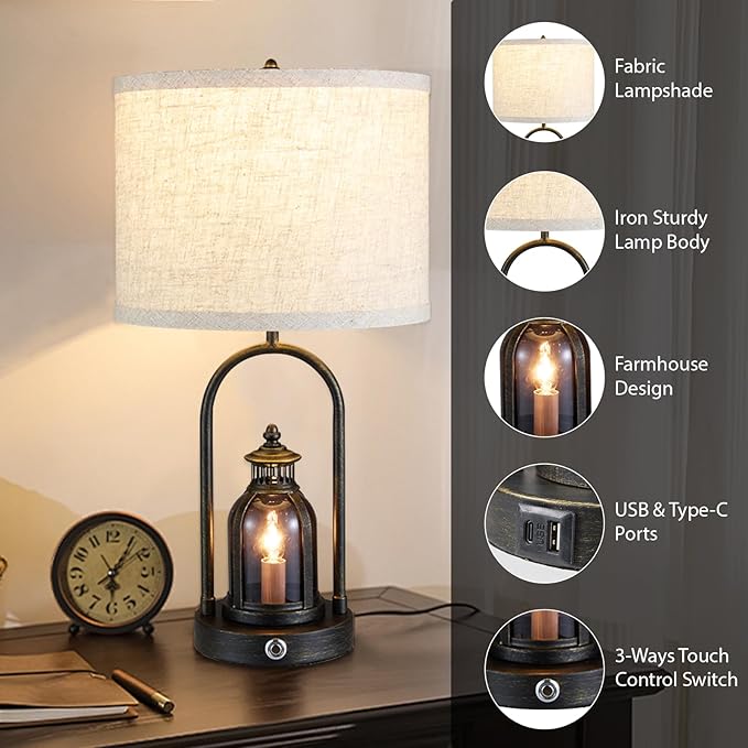 Farmhouse Lantern Table Lamps for Living Room Set of 2, Rustic Vintage Bedroom Nightstand Beside Desk Lamp with 2 USB Charging Ports,Dimmable Touch Night Light,4 Bulbs Included (Black) - Bloomnest