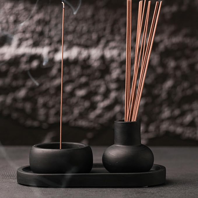 Concrete Incense Burner Set with Holder and Tray,Multifunction Incense Holder for Burning Sage,Palo Santo,Incense Sticks,Ideal for Meditation Home Decor(Black) - Bloomnest