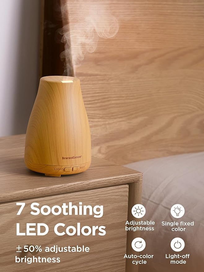 InnoGear Essential Oil Diffuser, Ultrasonic Diffusers for Home Aromatherapy Humidifier for Bedroom Room 7 Colors LED 2 Mist Mode Auto Off, Yellow - Bloomnest