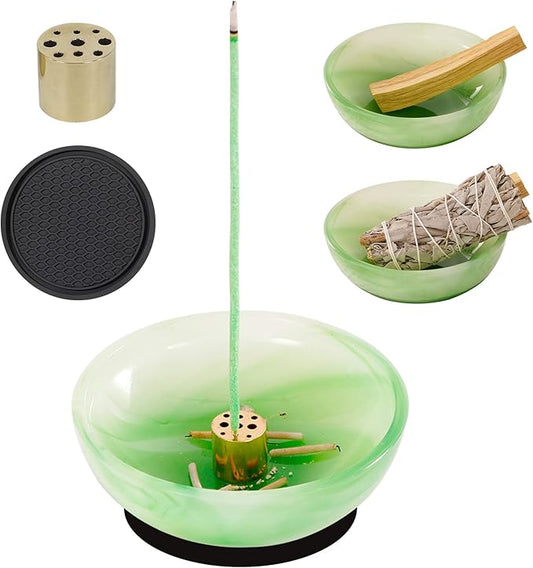 Incense Holder, Multi-Purpose Design Agate Incense Burner ash Catcher with Brass 9 Holes Incense Stick Holder for Home Decor Yoga Spa Madiation (Agate Green) - Bloomnest