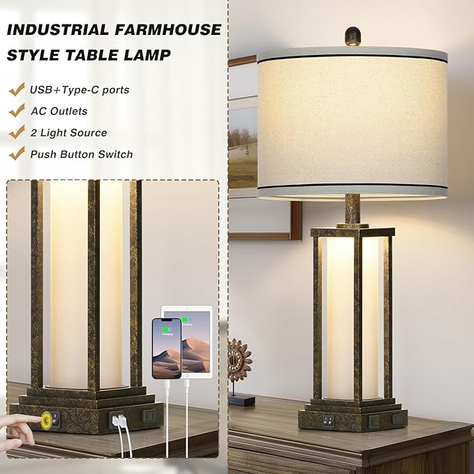 27in Tall Farmhouse Table Lamp Set of 2 with USB C+A & Outlet,Bronze Industrial End Table Lamp for Living Room,Vintage Rustic Bedside Lamps with Night Light for Bedroom Nightstand,Bronze - Bloomnest