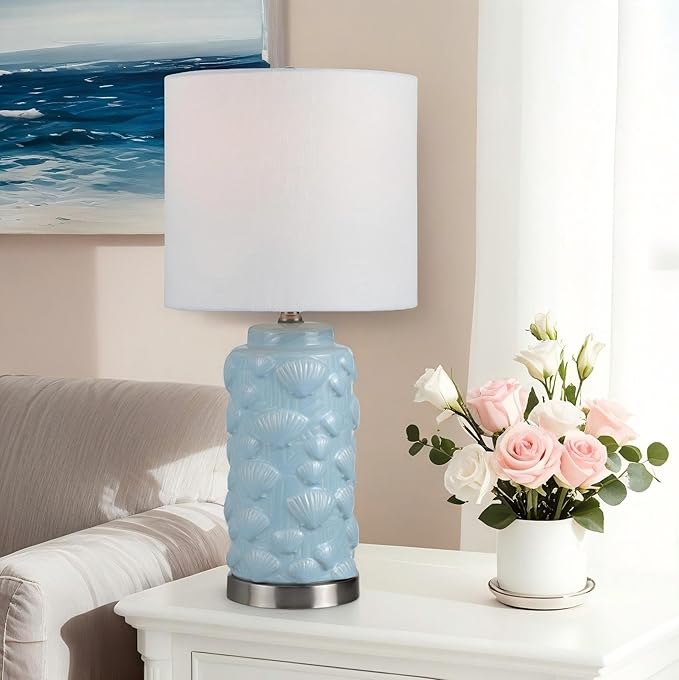 Crestview Collection Ceramic Coastal Table Lamp,23" Blue Seashell Lamp with Linen Shade, Ocean Nautical Home Decor for Nightstands or End Tables, Beach Style Lamp for Bedroom, Living Room, or Entryway - Bloomnest