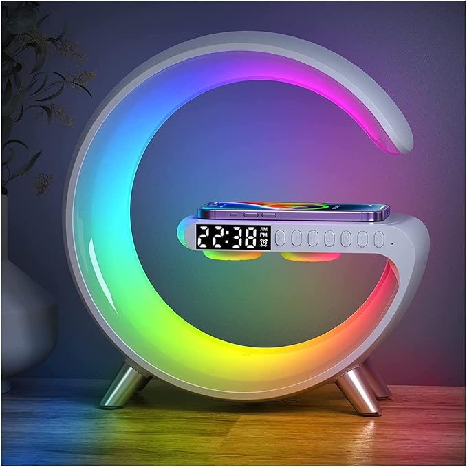 Smart LED Table Lamp, 4-in-1 Wireless Charger, Night Light, Alarm Clock, and Bluetooth Speaker with App Control for Bedroom, Office, and Home Decor (White) - Bloomnest