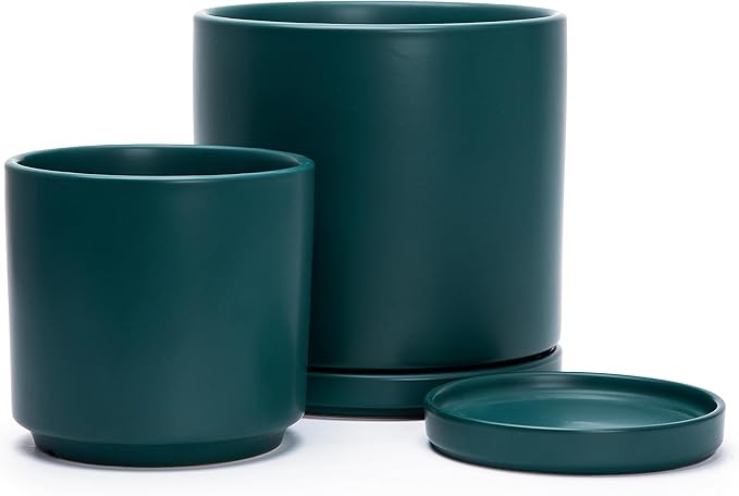 D'vine Dev 6 Inch & 8 Inch Ceramic Planter Pots for Plants with Drainage Hole and Saucer, Medium Plant Pots Set, Teal, 94-G-M-9 - Bloomnest