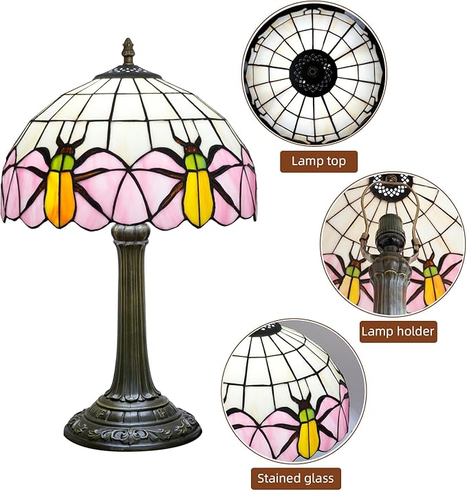 Tiffany Lamp Yellow Beetle Pink Stained Glass Table Lamp Vintage Bedroom Desk Light for Home Dorm Office Art Craft Antique Decor Accent Aesthetic Nightstand Reading Light - Bloomnest