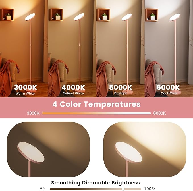 Pink Dimmable Floor Lamp, Bright 36W 3500LM Standing Lamp with Remote Touch Control, 2700K Soft White to 6500K Cool White Adjustable, LED Torchiere Tall Light for Living Room,Bedroom,Office,Sofa - Bloomnest