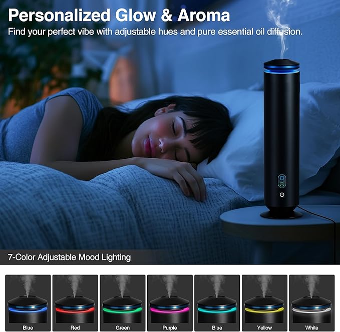 Waterless Scent Diffuser Starter Kit - 1500 Sq Ft Coverage, Scent Diffuser for Home, Hotel, Studio, Essential Oil Diffuser Large Room, 7 Mood Lights Setting, 5 Essential Oils Included, Black, 11.50In - Bloomnest