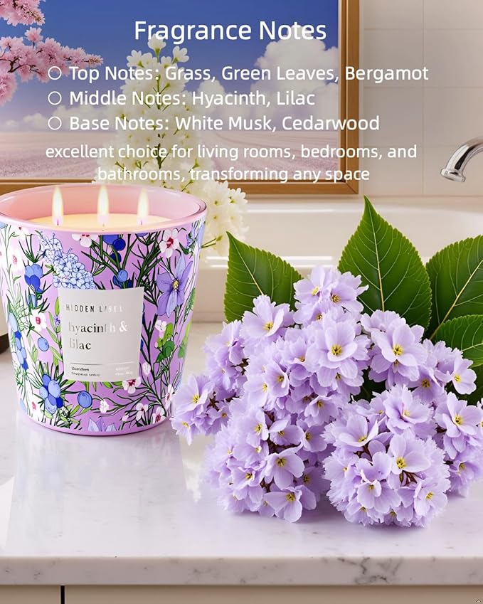 Hidden Label Hyacinth & Lilac Soy Candle, 3 Wick Large Candles for Home Scented, 30oz Natural Soy Candles Non Toxic, 100 Hour Burn Time, Aromatherapy Candle for Stress Relief, SPA, Larger Rooms - Bloomnest