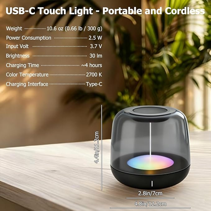 Touch Control Bedside Lamp, Portable Rechargeable Table Night Light with 5 Dynamic Effects & Dimmable 2700K Warm White/RGB Color Changing, IP44 Waterproof for Nursery, Camping, Decor - Bloomnest