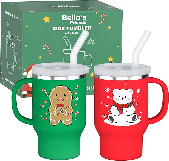 Bella's Friends Christmas Mini Tumbler- 9 0z Toddler Sippy Cup, Flexible Straw, Stainless Interior & Silicone Body, Christmas Gift for 1-3 Years Old Girls & Boys, Gingerbread Man & Polar Bear (2 Pack) - Bloomnest