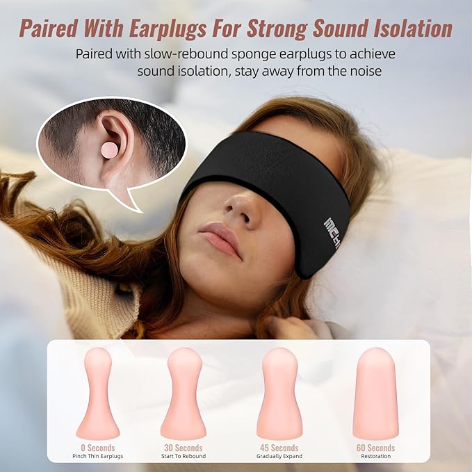 Sleep Mask & Earmuffs for Sleep - 2 in 1 Eye & Ear Mask, Comfortable & Soft for Side Sleepers (Black) - Bloomnest
