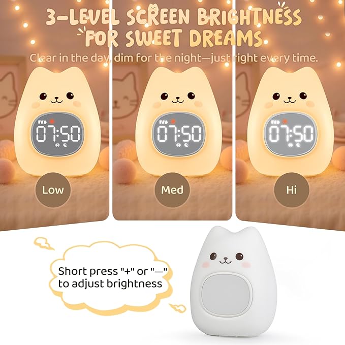 Cat Alarm Clock with Night Light for Kids with Sleep Training and Sound Machine, Rechargeable Silicone Lamp OK to Wake Clock，Cute Animal Tabletop Lamp, Perfect Sleep Companion for Boys Girls - Bloomnest