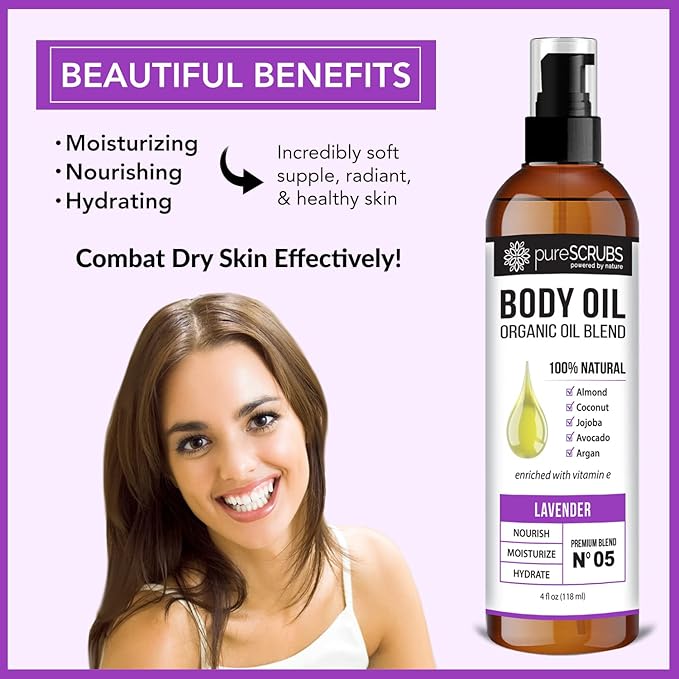 pureSCRUBS Ultra Moisturizing Lavender Body Oil Spray for Dry Skin, Massage, Cuticles & More, Organic Blend of Jojoba, Argan, Coconut, Sweet Almond & Avocado Oils Enriched with Vitamin E, Lg 4oz