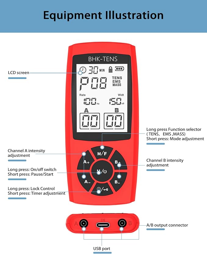 Rechargeable TENS Unit Machine for Pain Relief Therapy, Electronic EMS Muscle Stimulator for Shoulder Pain Relief, TENS&EMS Stimulator for Back Pain, Shoulder Neck Pain Relief, Sciatica Pain, red BHKTENS