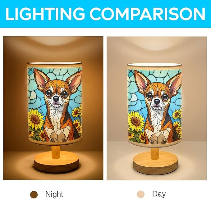 Chihuahua Table Lamp LED 3-Color Pressed Bedside, Dog Shade Lamp with Wood Base for Bedroom Living Room Desk Office - Bloomnest