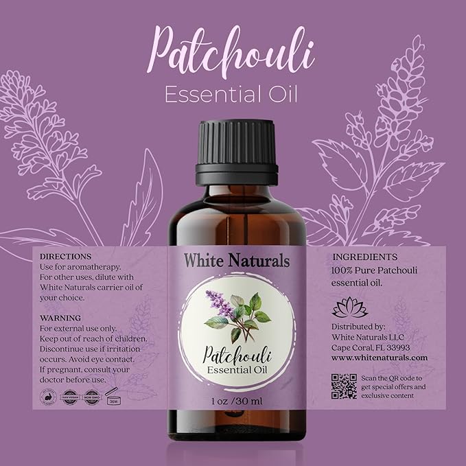 White Naturals Patchouli Essential Oil – 100% Pure & Natural, Earthy Aromatherapy Oil for Relaxation, Skin Care, & DIY Products, 1oz - Bloomnest