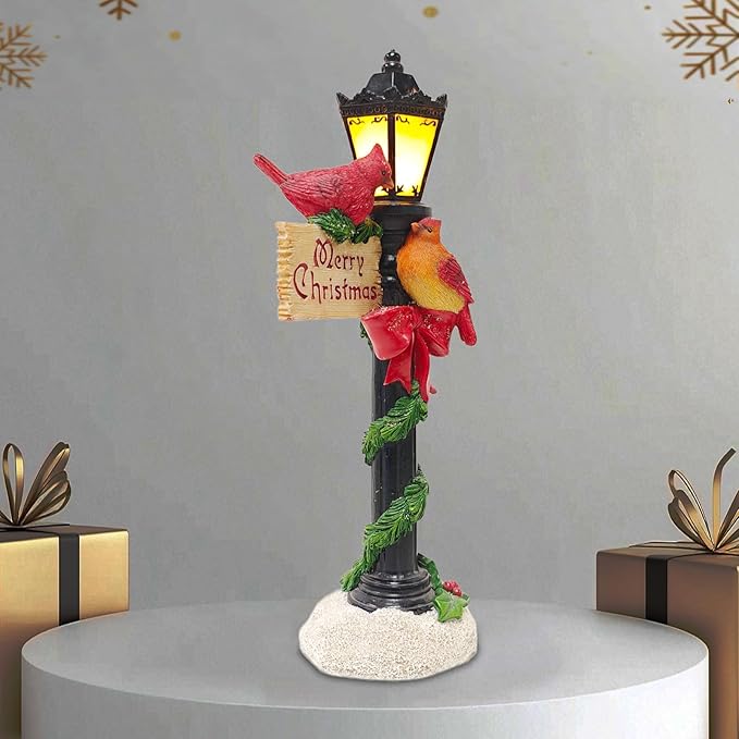 Red Cardinals on Christmas Lamp Post - Battery Powered LED Lighted Bird Sculpture - Holiday Home Decor Gift - Bloomnest