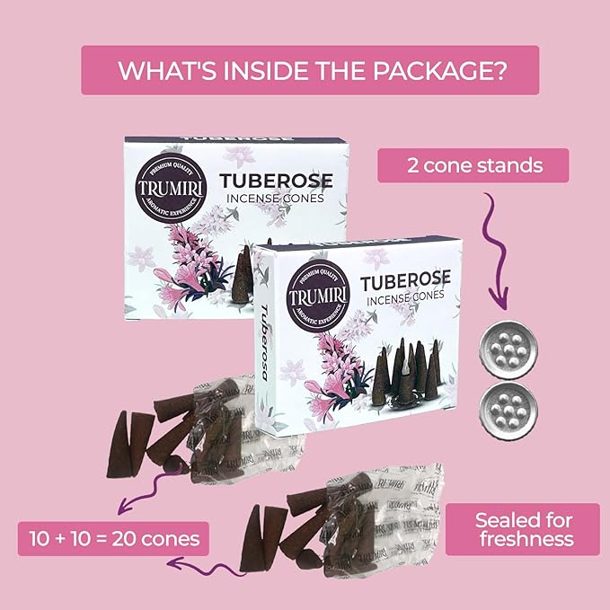 Tuberose Incense Cones - Total 20 Cone Incense - Dual Pack of 10 Insence Cones - Incense Cones Scented - Cone Incense Scents - Insense Cones - Incent Cone TRUMIRI