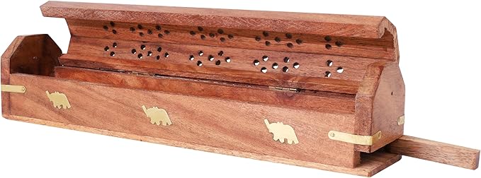 DEVLA Beautiful Handmade Wooden Brown Incense Stick Holder Burner Storage Coffin Box - Ash Catcher with Brass Inlay Good for Peace and Your Mental Health 12x2.5x2.5 inch - Bloomnest