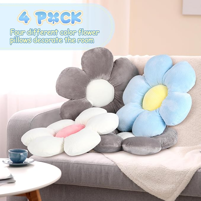 Reginary 4 Pcs Flower Floor Pillows Cute Plush Flower Throw Pillows Daisy Floor Seat Cushion Chair Pads for Christmas First Day of School for Sofa Couch Bed Decor(15 Inch,Gray, Blue, White) - Bloomnest