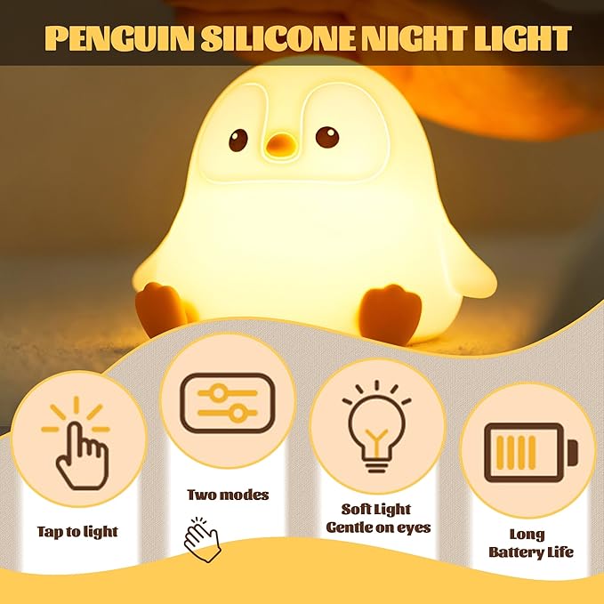 Penguin Nursery Night Light,LED Squishy Silicone Lamp,2 Levels Dimmable Bedroom Nightlight for Kids,Touch Light,Dorm Decor lamp,Baby Boys Girls Gifts (Sitting Penguin) - Bloomnest