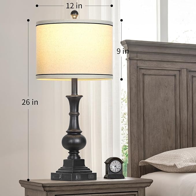 Farmhouse Lamps Set of 2, Antique Vintage Rustic Touch Control Table Lamps with USB A+C Ports & AC Outlet, Retro Classic Bedside Nightstand Lamp for Living Room Bedroom Office Black - Bloomnest