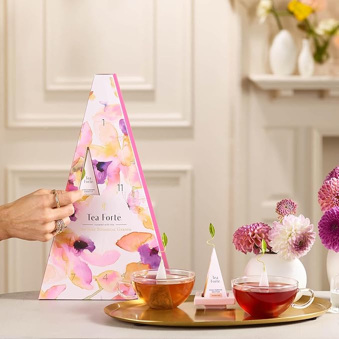 Tea Forte Tea Advent Calendar Gift Set; 12 Individually Wrapped Handcrafted Assorted Pyramid Infuser Tea Bags with Numbered Doors, Mariposa - Bloomnest