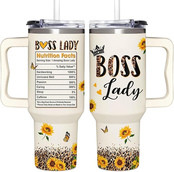 Boss Lady Tumbler 40oz with Handle - Sunflower Gifts for Women, Administrative Professional Day, Christmas - Thank You Gift for Manager - Bloomnest