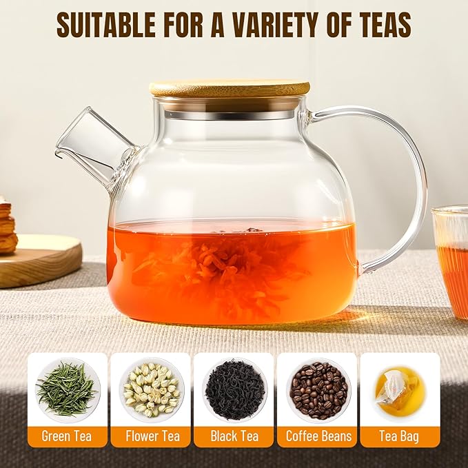 PARACITY Glass Teapot Stovetop 34oz/1000ml, Borosilicate Clear Tea Kettle with Removable 18/8 Stainless Steel Infuser,Glass Tea Kettle with Wooden Lid, Teapot for Loose Leaf Tea Fruit Tea Fragrant Tea - Bloomnest