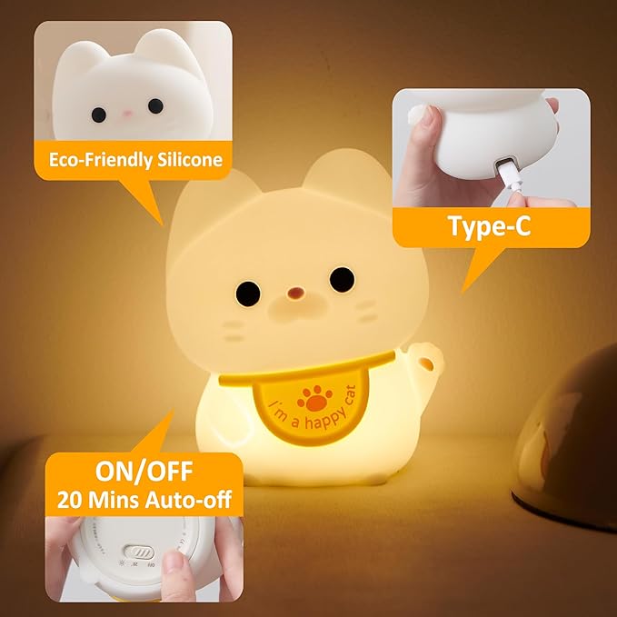 Attivolife Cute Cat Night Light for Kids, Animal Kitty Silicone Touch LED Lamp with Dimmable Timer, USB Rechargeable Toddler Feeding Bedroom Bedside Decor Birthday Xmas Gifts for Girls Baby - Bloomnest