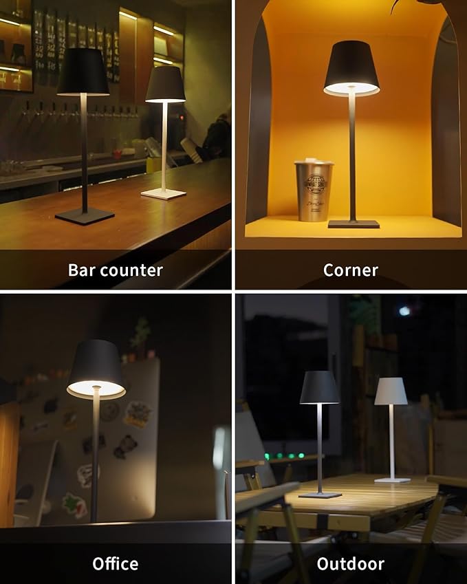 KDG 2 Pack Cordless Table Lamp, Portable LED Desk Lamps, 5000mAh Battery Operated, 3 Color Stepless Dimming Up, for Restaurant, Bedroom, Outdoor Camping, Coffee Shop, Night Light, Rechargeable (Black) - Bloomnest
