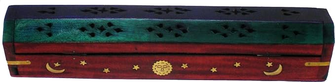 New Age Carved Coffin Celestial Brass Inlay Ash Catcher Incense Stick & Cone Holder [12"] - ID#142001 - Bloomnest