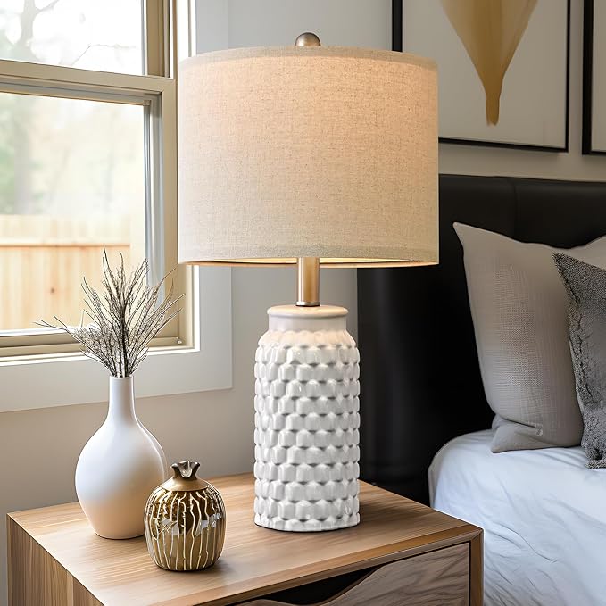 20.5" White Modern Ceramic Bedside Lamp Set of 2 for Bedroom Decor Farmhouse Table Lamp for Living Room Office Dorm - Bloomnest