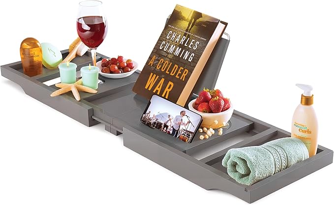 Wooden Bathtub Tray - Foldable & Expandable Bamboo Bath Tray for Tub with Wine Holder, Book & Tablet Stand - Bath Caddy Tray for Bathtub, Spa Bath Accessories, Tub Tray Table, Gift Idea for Her (Gray) - Bloomnest