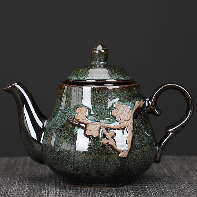 KEYDUACU Japanese Tea Set, Green Kiln-Formed Ceramic Plum Blossom Cameo Tea Set, Includes 1 Teapot, 6 Teacups,Tea Tray,Strainer, Used for gifts, home, outdoor, Chinese Kung Fu Tea Set(FDMHA-GREEN) - Bloomnest