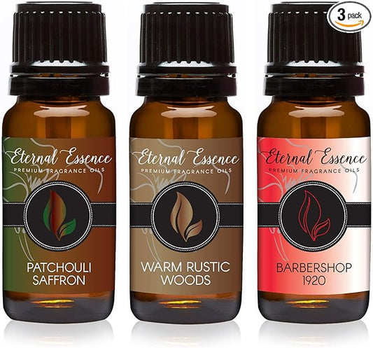 Eternal Essence Oils 2 Pack 10ml Premium Fragrance Oil - Patchouli Saffron, Barbershop 1920 & Warm Rustic Woods - for Candle, Soap Making, Aromatherapy, Diffusers, Home Care, & Humidifiers EternalEssenceOils