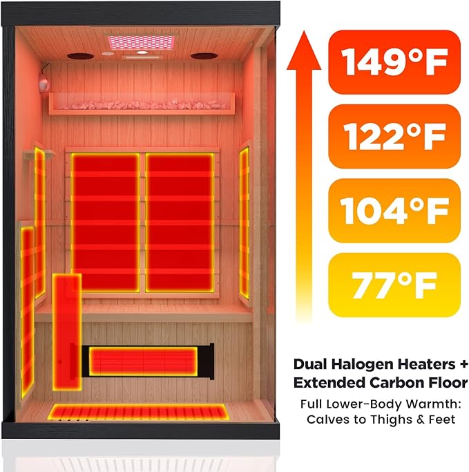 2-Person FAR Infrared Sauna for Home & Gym, Himalayan Salt Rocks Plus 12" * 12" Red Light Therapy & 2 Speakers, 1990W Canadian Hemlock Wood Indoor Dry Spa DAIMOT