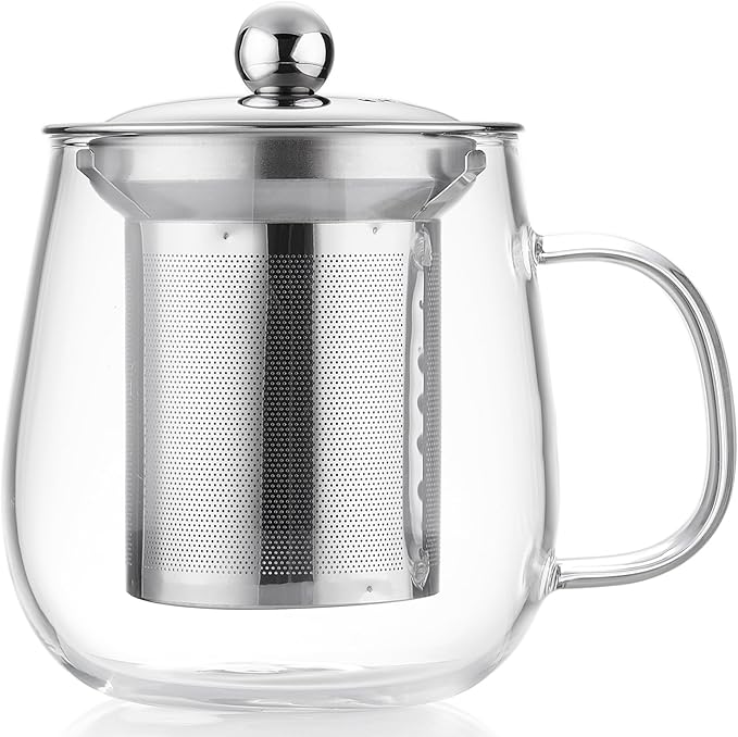 Glass Tea Cup with Infuser and Lid, 17.6oz/520ml Large Borosilicate Glass Teacup with Stailess Steel Filter, Clear Mug for Loose Leaf Blooming Tea, Dishwasher Safe - Tea Maker Gift - Bloomnest