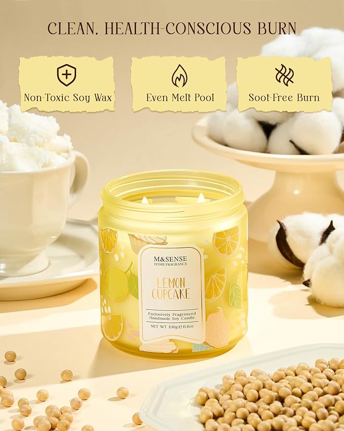 M&SENSE Lemon Vanilla Cupcake Scented Candle, 11.6oz Natural Soy Wax, 70 Hours Long Lasting Clean Burn, Citrus Vanilla Scents for Kitchen Freshness, Holiday Gifts for Women Men, Warm Home Decor - Bloomnest