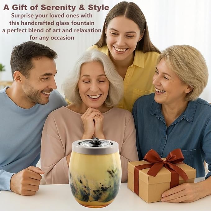 VOREEN Handblown Glass Tabletop Fountain - Art Glass Water Feature with Gentle Ambient Glow - Optional Aromatherapy for Home, Spa, Office Décor - Yellow - Bloomnest