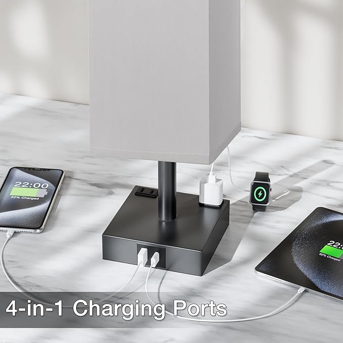 Touch Bedside Table Lamp For Nightstand - 3-Way Dimmable Night Lamp with USB A + Type C Charging Ports and two AC Outlets, Small Desk Light with E26 LED Bulb for Bedroom Living Room Office, Grey Black - Bloomnest