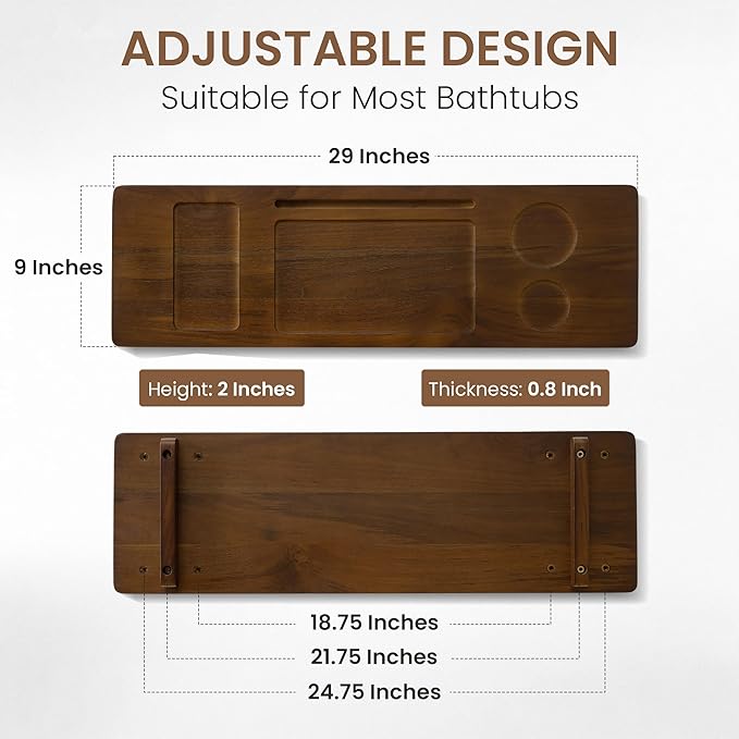 Teak Bathtub Tray - Wood Bath Caddy Tray 29" for Small Tubs - Adjustable Bathtub Table Trays - Luxury Shower Organizer for Home Spa Relaxation and Reading - Dark Walnut Color - Bloomnest