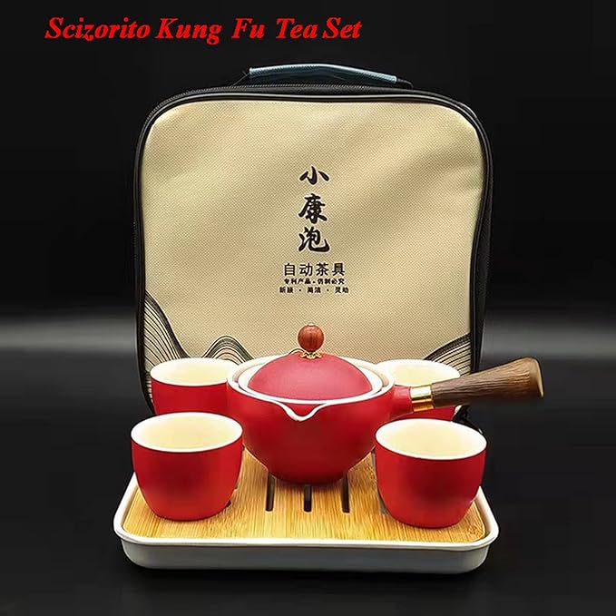 Ceramic Portable Travel Tea Set, Chinese Kungfu Tea Set with 360 Rotation Teapot and Infuser, 4 Tea Cups, Tea Tray And Travel Bag (Red)