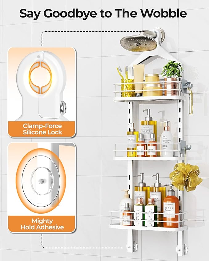 ODesign 3 Tier Height-Adjustable Shower Caddy Hanging Anti-Swing-Over The Shower Head Caddy-Storage Organizer Bathroom Shelves Basket - White - Bloomnest